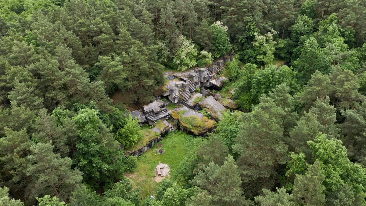 Aerial shot of historical ruins surrounded by dense forest in Wieliszew, Poland.